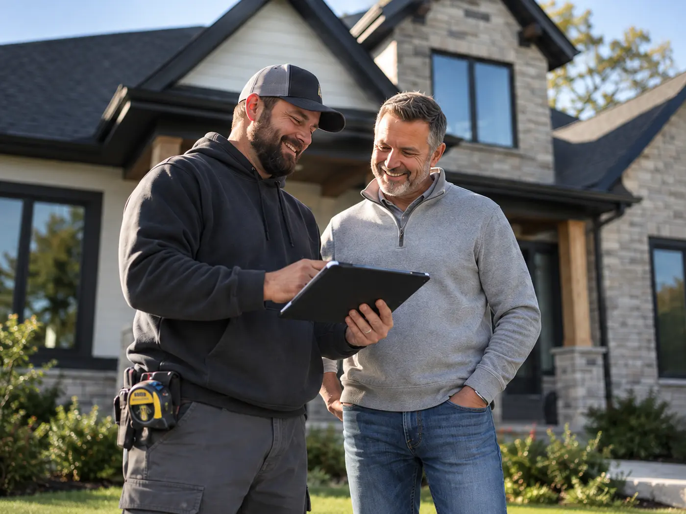 Contractor and homeowner reviewing a project together outside a home