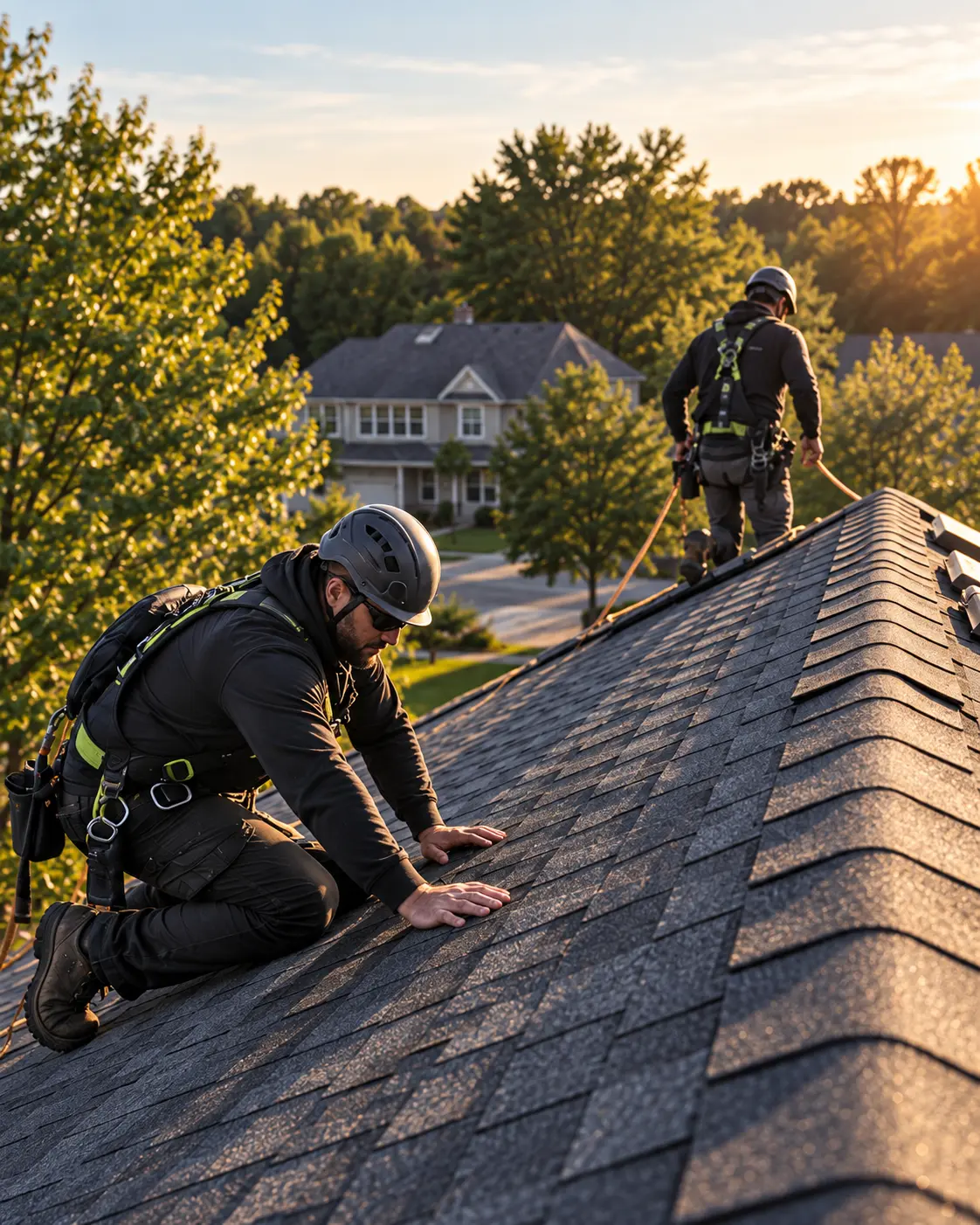 Roofing crew inspecting a shingle roof in the afternoon light